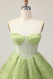 Verde Uma Linha Strapless Sheer Corset Ruched Short Homecoming Dress