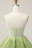 Verde Uma Linha Strapless Sheer Corset Ruched Short Homecoming Dress