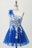 Royal Blue A-Line Um Ombro Tulle Homecoming Vestido com Renda para Trás