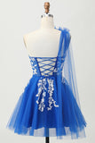 Royal Blue A-Line Um Ombro Tulle Homecoming Vestido com Renda para Trás