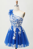 Royal Blue A-Line Um Ombro Tulle Homecoming Vestido com Renda para Trás
