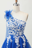 Royal Blue A-Line Um Ombro Tulle Homecoming Vestido com Renda para Trás