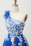 Royal Blue A-Line Um Ombro Tulle Homecoming Vestido com Renda para Trás