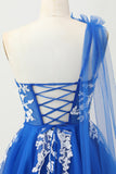 Royal Blue A-Line Um Ombro Tulle Homecoming Vestido com Renda para Trás