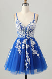 Royal Blue A-Line Spaghetti Correias Tule Vestido Curto Homecoming com Renda Up Back