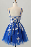 Royal Blue A-Line Spaghetti Correias Tule Vestido Curto Homecoming com Renda Up Back