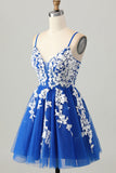 Royal Blue A-Line Spaghetti Correias Tule Vestido Curto Homecoming com Renda Up Back