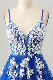 Royal Blue A-Line Spaghetti Correias Tule Vestido Curto Homecoming com Renda Up Back