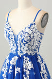 Royal Blue A-Line Spaghetti Correias Tule Vestido Curto Homecoming com Renda Up Back
