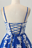 Royal Blue A-Line Spaghetti Correias Tule Vestido Curto Homecoming com Renda Up Back