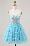 Blue A Line Appliques Espartilho Borboleta Vestido Curto Homecoming