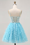 Blue A Line Appliques Espartilho Borboleta Vestido Curto Homecoming
