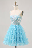Blue A Line Appliques Espartilho Borboleta Vestido Curto Homecoming
