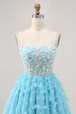 Blue A Line Appliques Espartilho Borboleta Vestido Curto Homecoming