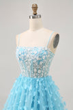 Blue A Line Appliques Espartilho Borboleta Vestido Curto Homecoming