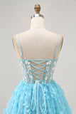 Blue A Line Appliques Espartilho Borboleta Vestido Curto Homecoming