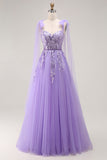 Roxo A Line Sequin Lace Up Back Tulle Long Prom Dress com alças de laço