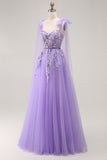 Roxo A Line Sequin Lace Up Back Tulle Long Prom Dress com alças de laço