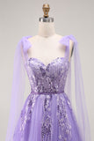 Roxo A Line Sequin Lace Up Back Tulle Long Prom Dress com alças de laço