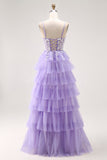 Roxo A-Line Sequins Tulle Corset Tiered Long Prom Dress com renda para trás
