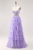 Roxo A-Line Sequins Tulle Corset Tiered Long Prom Dress com renda para trás