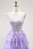Roxo A-Line Sequins Tulle Corset Tiered Long Prom Dress com renda para trás