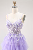 Roxo A-Line Sequins Tulle Corset Tiered Long Prom Dress com renda para trás