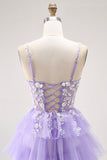 Roxo A-Line Sequins Tulle Corset Tiered Long Prom Dress com renda para trás