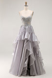Cinzento A Line Beaded Sheer Corset Long Ruffle Prom Dress with Slit