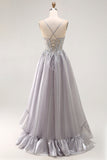 Cinzento A Line Beaded Sheer Corset Long Ruffle Prom Dress with Slit