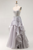 Cinzento A Line Beaded Sheer Corset Long Ruffle Prom Dress with Slit