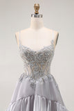 Cinzento A Line Beaded Sheer Corset Long Ruffle Prom Dress with Slit