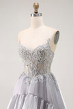 Cinzento A Line Beaded Sheer Corset Long Ruffle Prom Dress with Slit