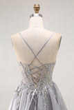 Cinzento A Line Beaded Sheer Corset Long Ruffle Prom Dress with Slit
