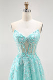 Sparkly Green A-Line Strapless Sequins Corset Long Prom Dress com Fenda