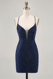 Azul escuro frisado espaguete alças bodycon homecoming vestido