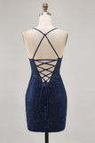 Azul escuro frisado espaguete alças bodycon homecoming vestido