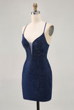 Azul escuro frisado espaguete alças bodycon homecoming vestido