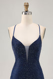 Azul escuro frisado espaguete alças bodycon homecoming vestido