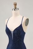Azul escuro frisado espaguete alças bodycon homecoming vestido