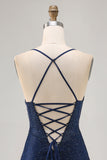 Azul escuro frisado espaguete alças bodycon homecoming vestido