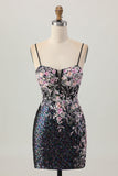 Sparkly preto rosa flor bodycon espartilho curto homecoming vestido com sequins