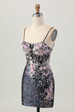 Sparkly preto rosa flor bodycon espartilho curto homecoming vestido com sequins
