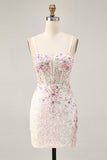 Sparkly preto rosa flor bodycon espartilho curto homecoming vestido com sequins