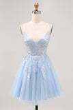 Azul brilhante A-line Tulle Sequins Vestido Curto Homecoming com renda para trás