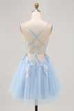 Azul brilhante A-line Tulle Sequins Vestido Curto Homecoming com renda para trás