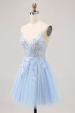 Azul brilhante A-line Tulle Sequins Vestido Curto Homecoming com renda para trás