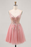 Sparkly Blush A-line Tulle Sequins Vestido Curto Homecoming com Lace Up Back