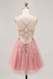 Sparkly Blush A-line Tulle Sequins Vestido Curto Homecoming com Lace Up Back