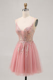Sparkly Blush A-line Tulle Sequins Vestido Curto Homecoming com Lace Up Back